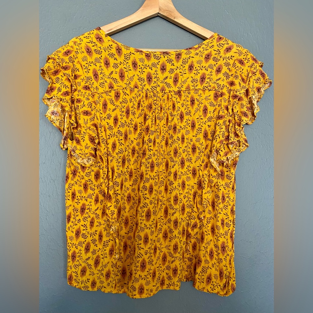 Haute Hippie Yellow Ikat Floral Flutter Sleeve Boho Blouse - Size L - Picture 6 of 8